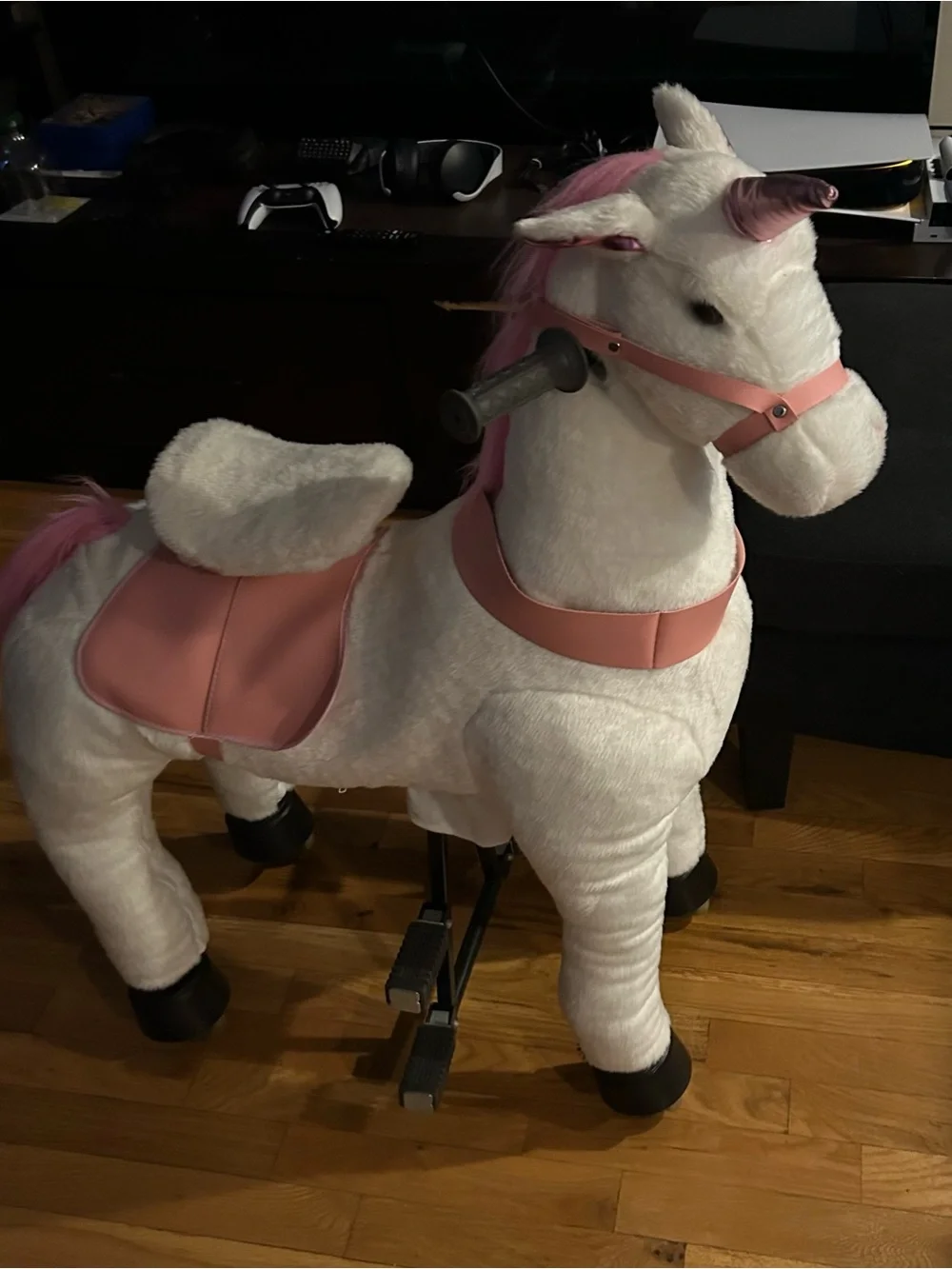 Plush White and Pink Ride-On Unicorn Toy with Handle Grips